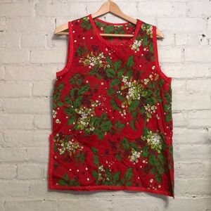 Handmade M Red Christmas Holly Sleeveless Front Pocket Snap Closure Shirt Apron